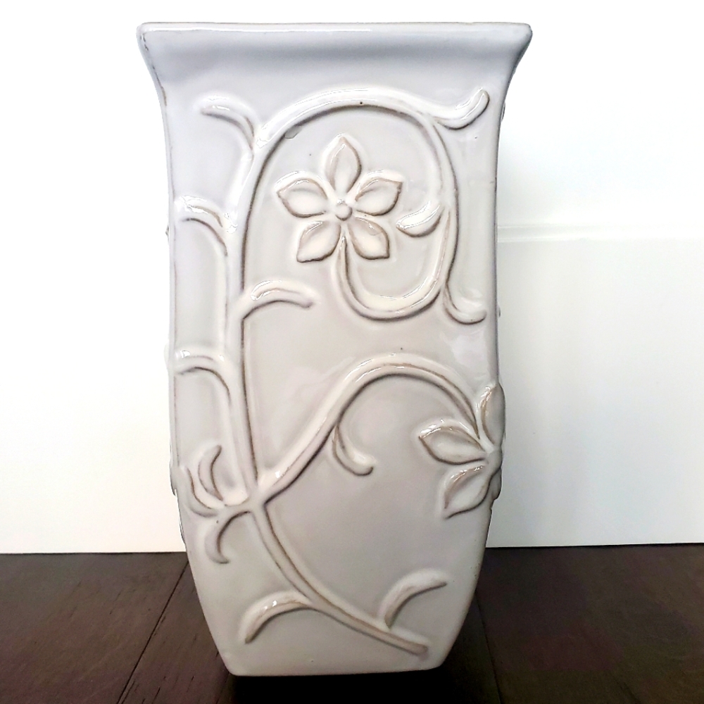 Tall Vase Glazed Pottery Textured Florals Vines Square Top Antiqued Rustic White